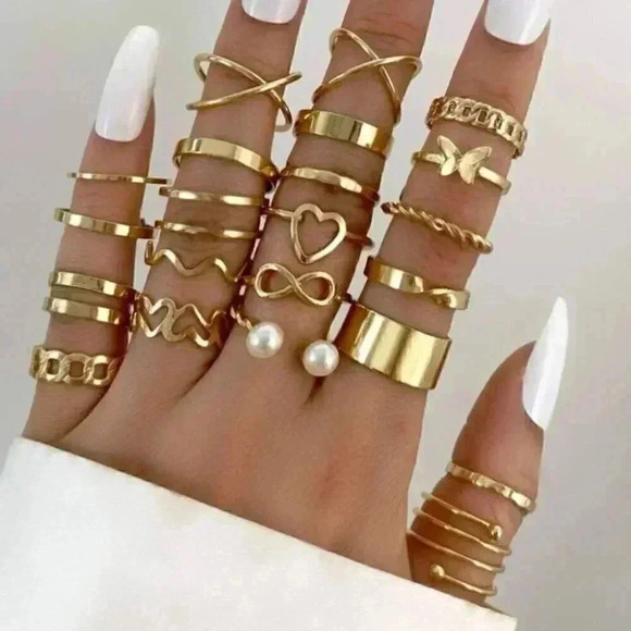 Heart Faux Pearl Butterfly Infinite Gold Ring Set - Picture 1 of 2